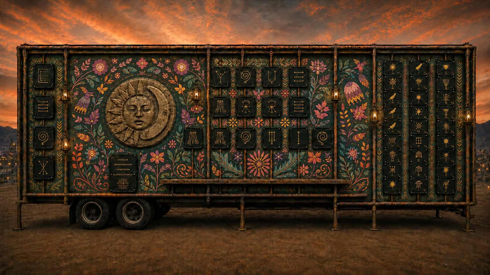 A colorful mock up of a decorated semi truck on the playa featuring floral motifs and the Toltec Sun/Moon god.